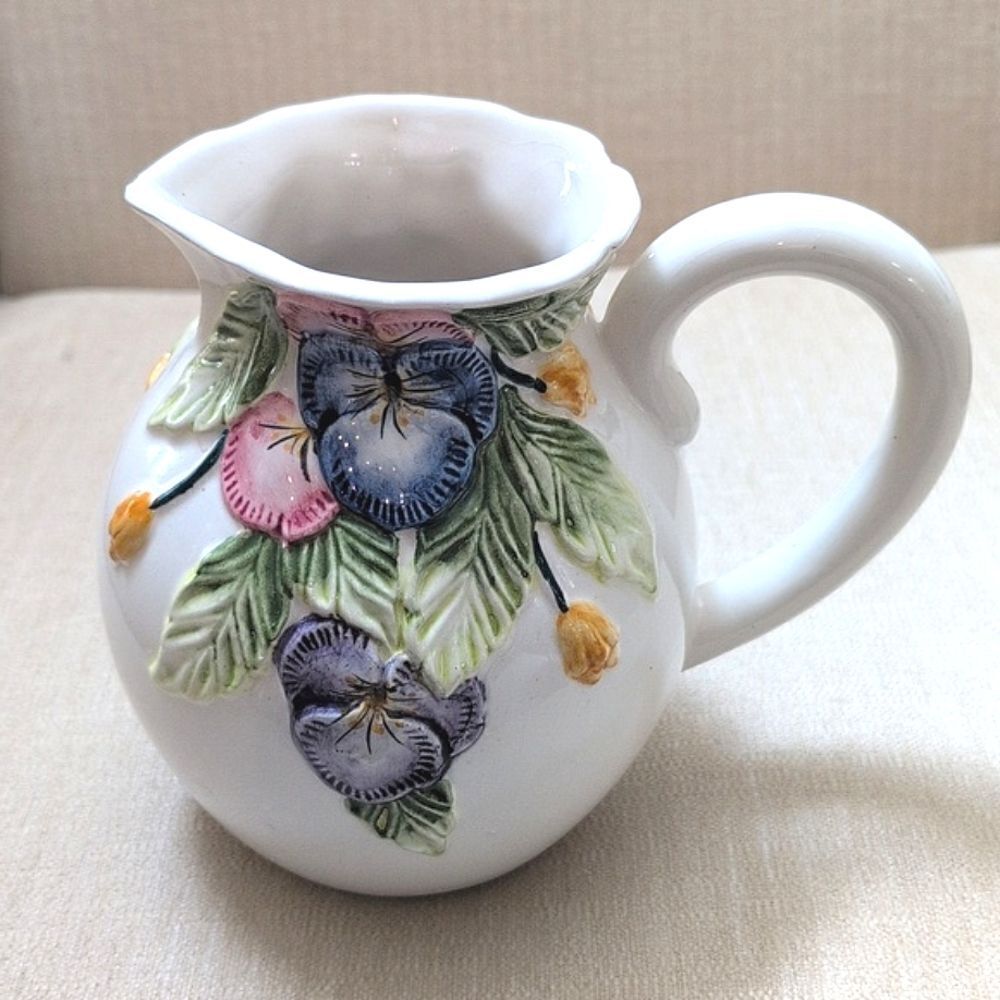 Ceramic Pottery Pitcher Hand Painted Raised Pansy's Alcobaca Portugal Vintage